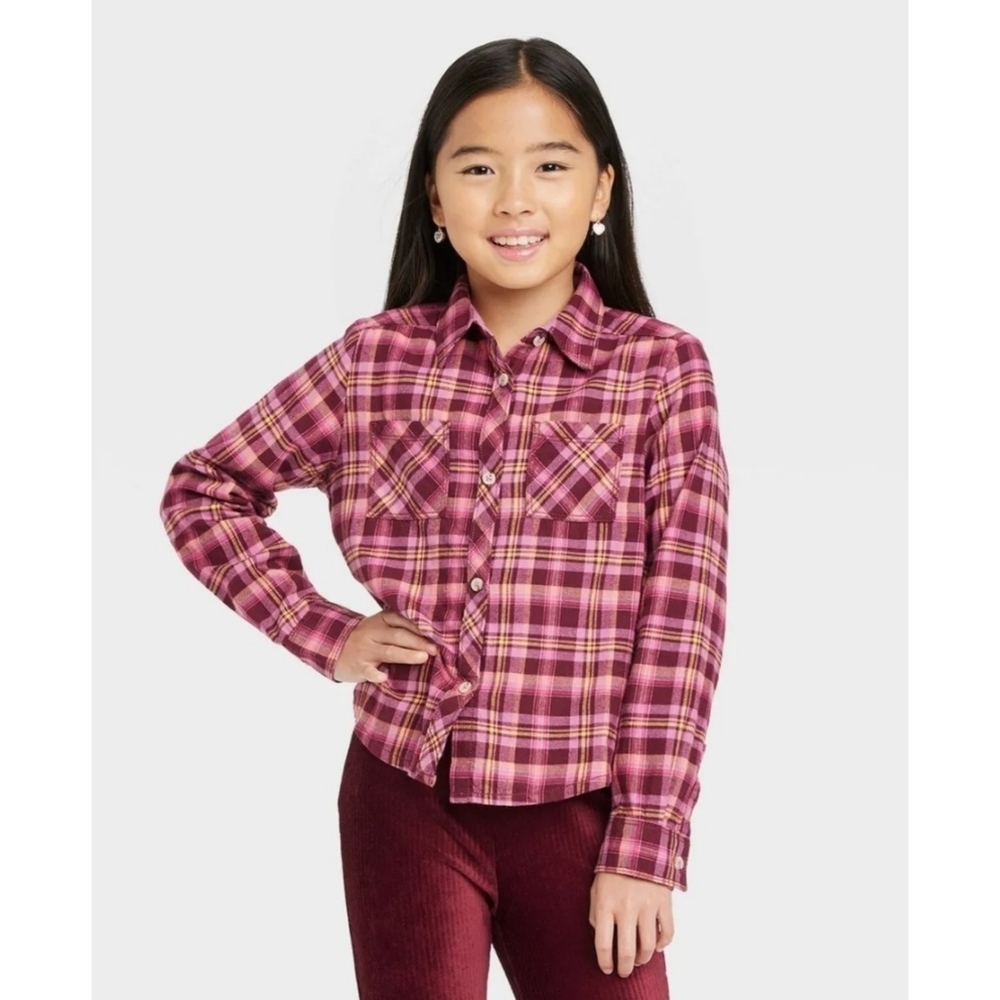 Cat & Jack Button down Sparkle Flannel top Pink Size XL (14/16)